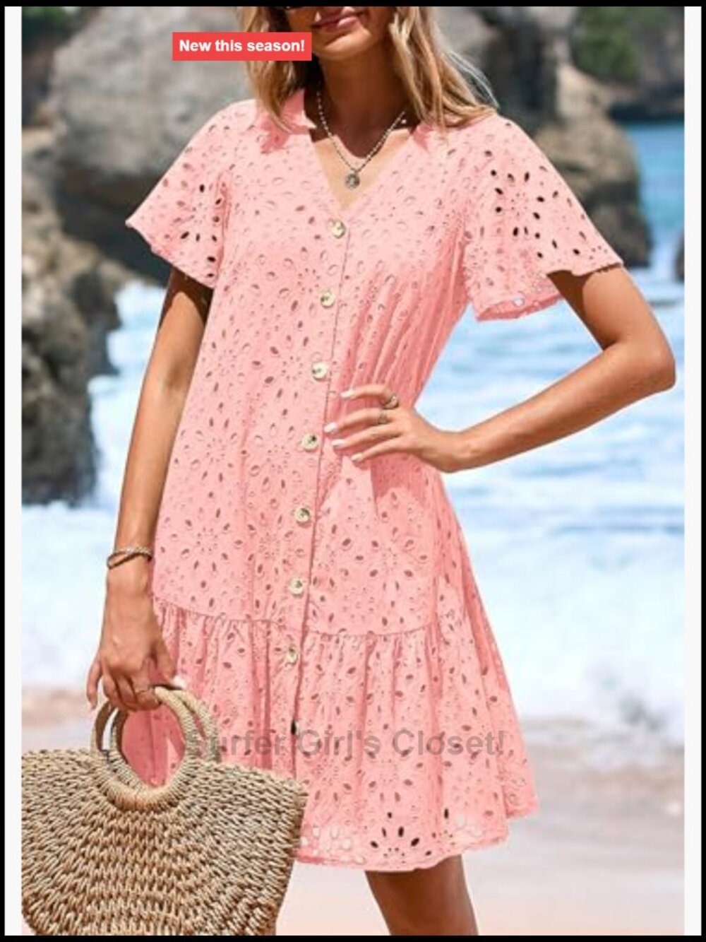 Eyelet Short Sleeve Button Down Babydoll Mini Dress Casual Summer - Picture 4 of 7